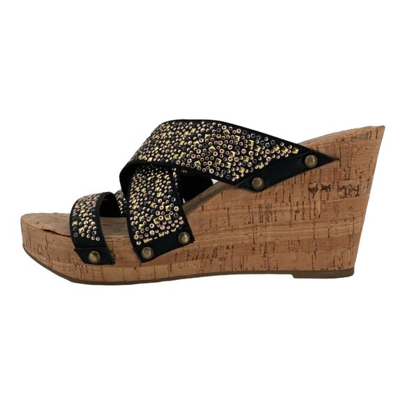 XOXO Benji Studs Cross Strap Metallic Cork Wedge Slide-on Sandals - Picture 3 of 11